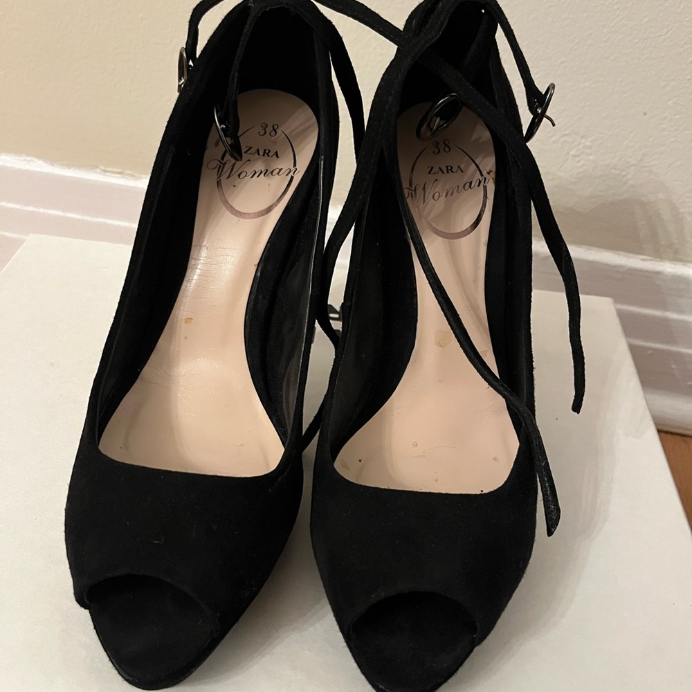 Zara Black Suede Peep-Toe Heels with Ankle Strap